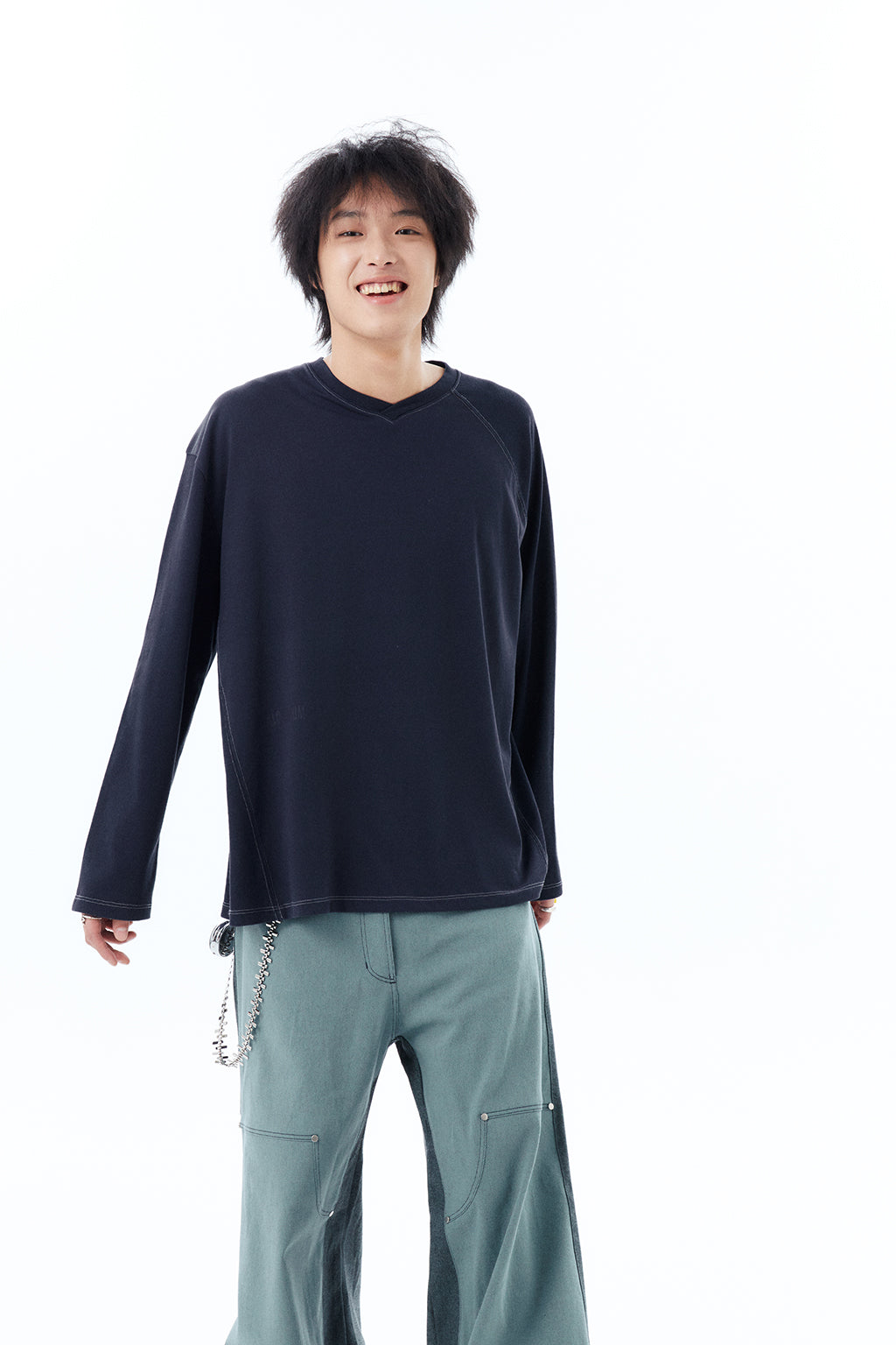 V NECK PIQUE RAGLAN TEE / NAVY