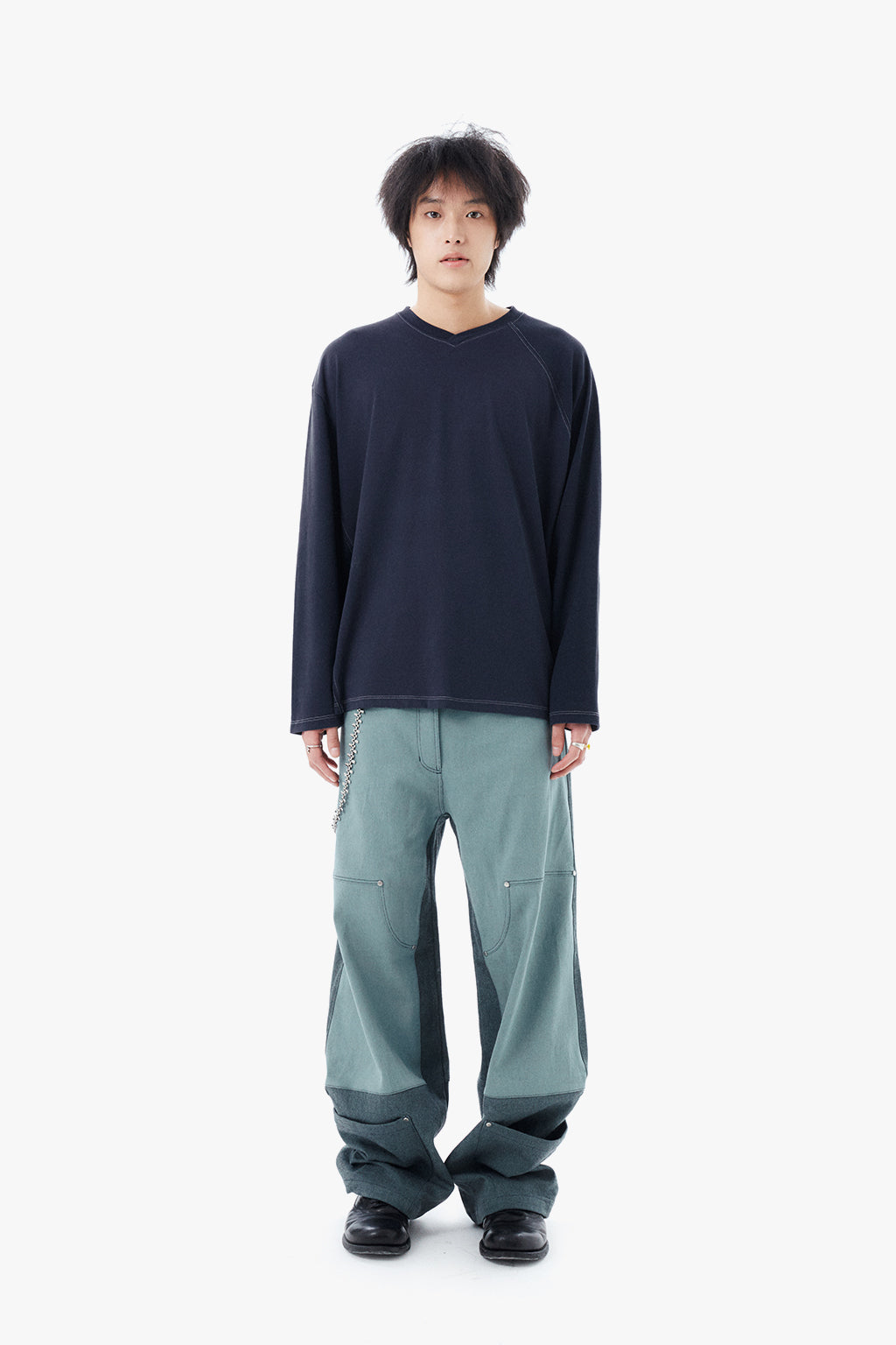 V NECK PIQUE RAGLAN TEE / NAVY