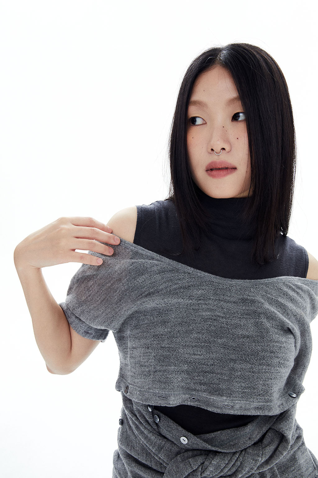 WOOL BUTTONS KNIT TOP / GRAY