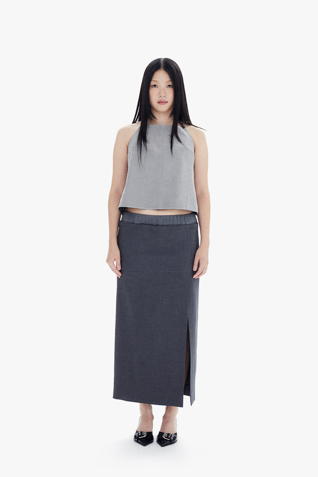 WOOL POCKETS LONG SKIRT / GRAY