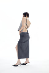 WOOL POCKETS LONG SKIRT / GRAY