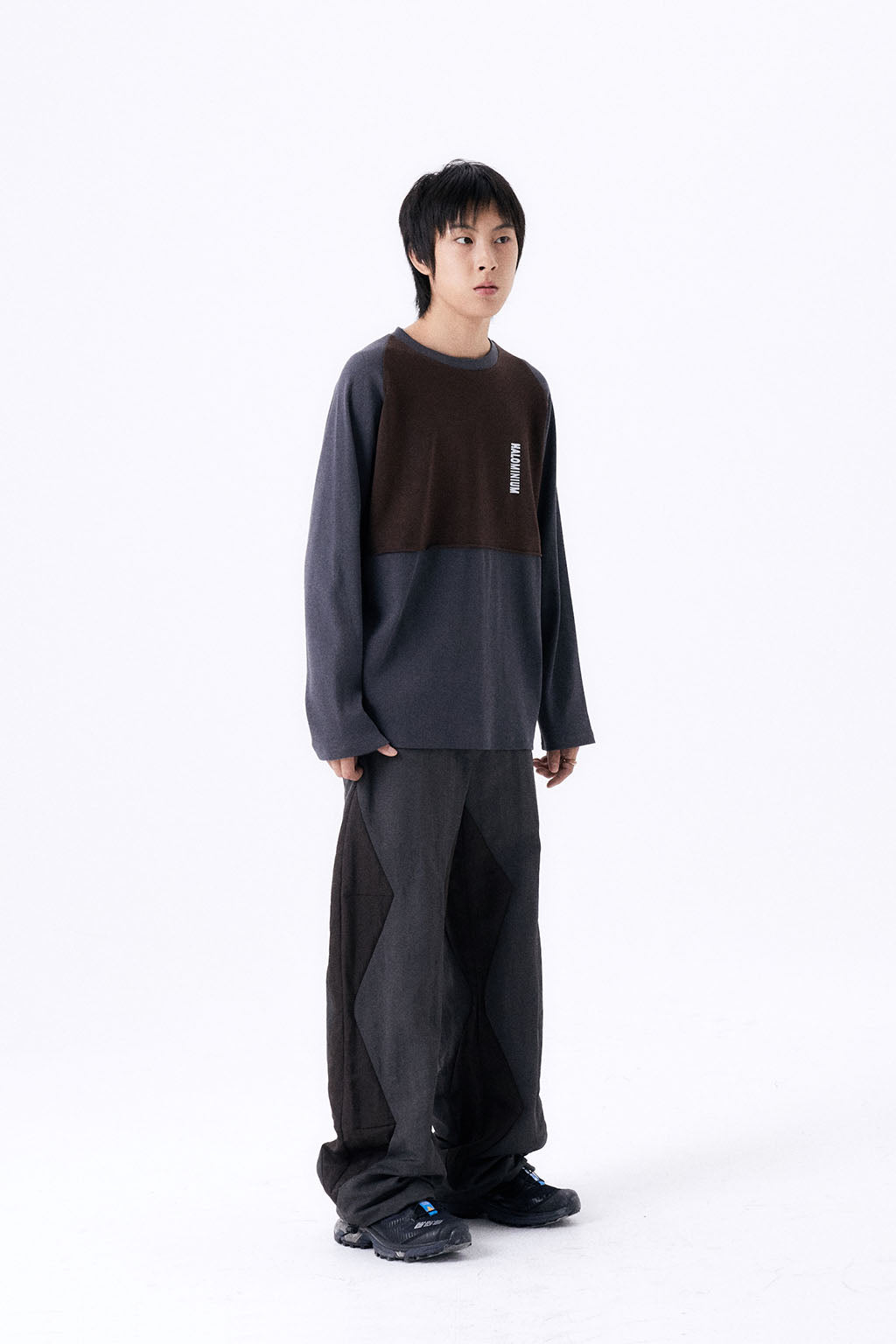 2 TONE RIB OVERSIZED TEE / GRAY & BROWN