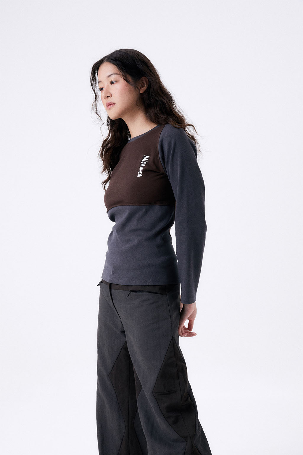 2 TONE RIB TIGHT TEE / GRAY & BROWN