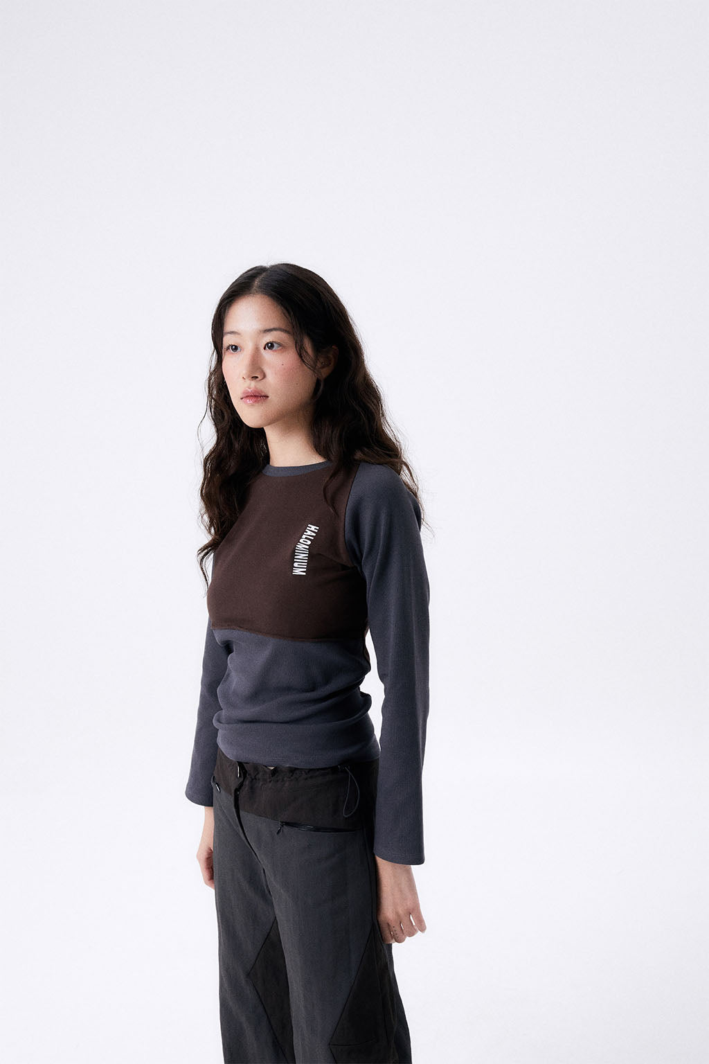 2 TONE RIB TIGHT TEE / GRAY & BROWN