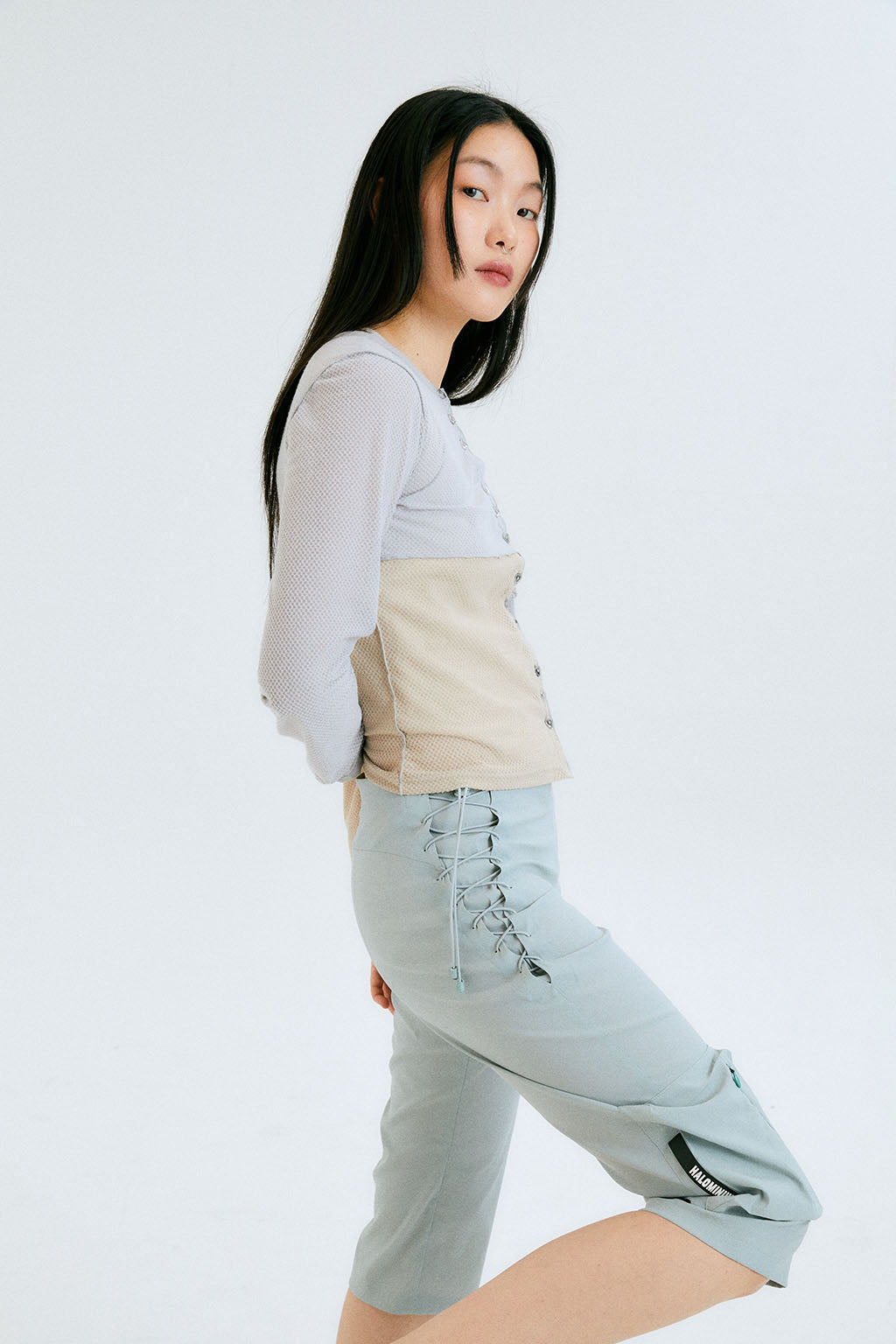 LACE UP CROPPED PANTS / AQUA