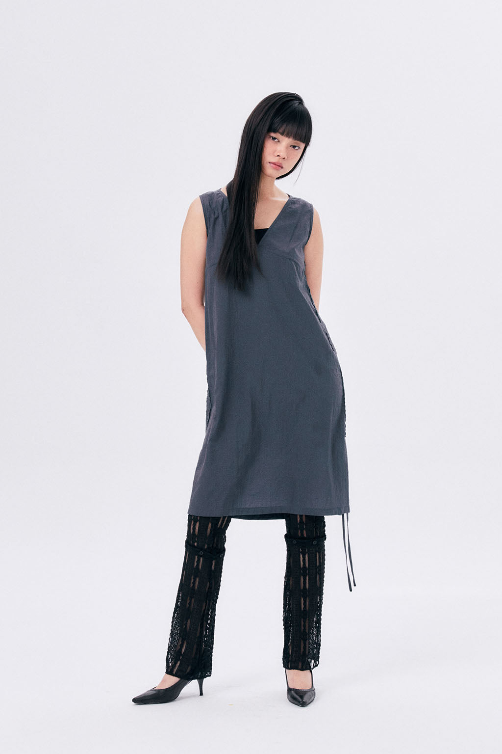 CHECK SHIRRED DRESS / ASH GRAY