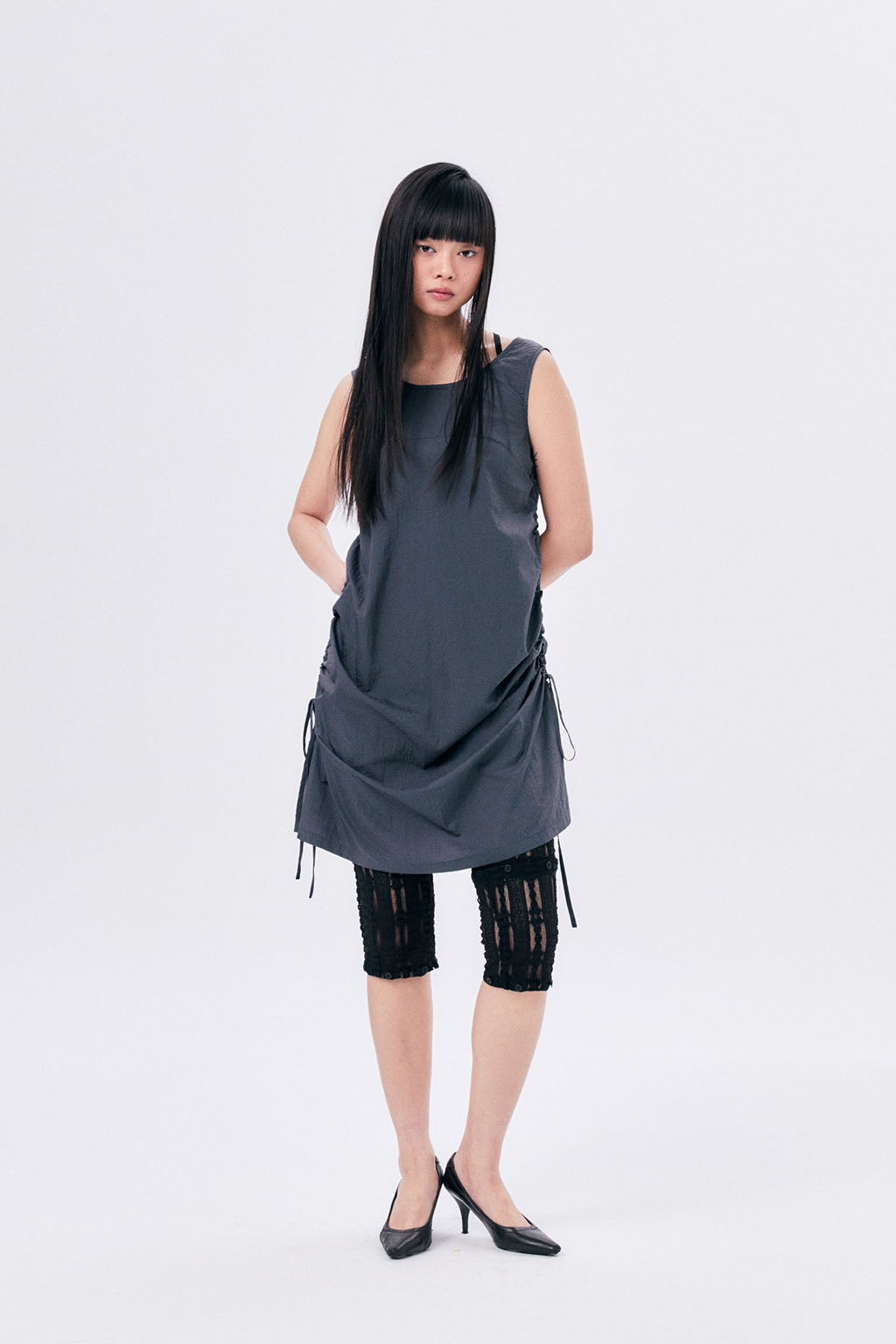 CHECK SHIRRED DRESS / ASH GRAY