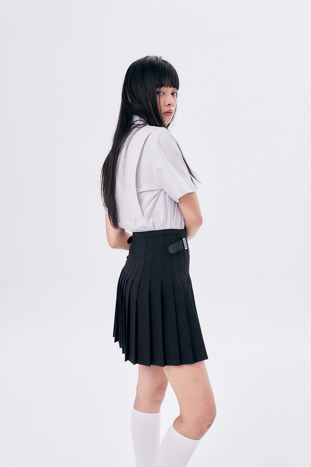 SHORT PLEATED WRAP SKIRT 2 / NAVY